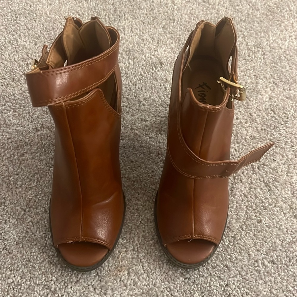 Brown fioni open toe boot heels